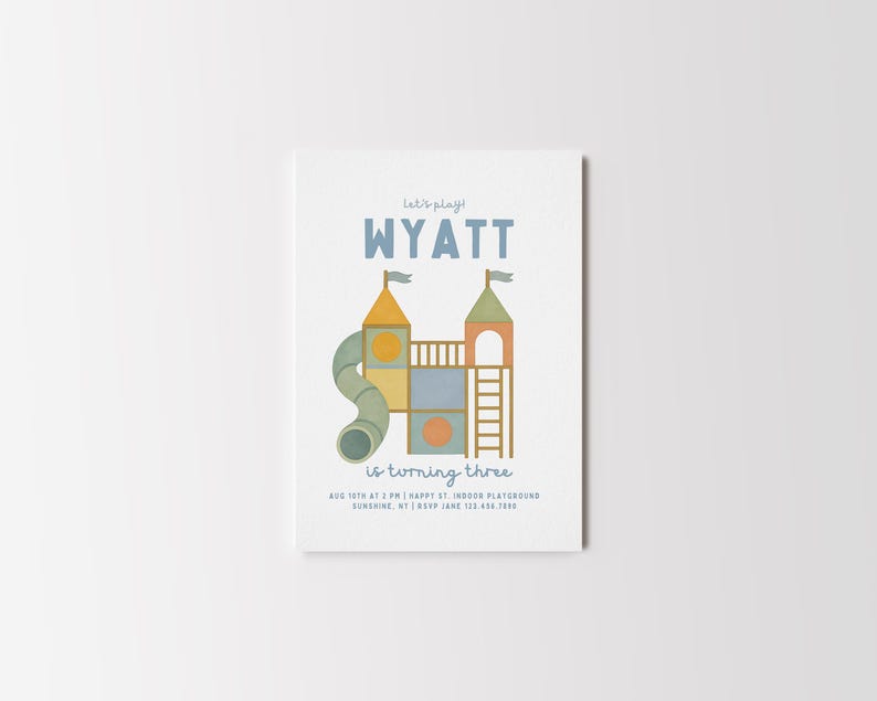 May include: A white invitation card with a playground illustration. The card features the name "WYATT" in blue, the text "is turning three", and event details. The playground design includes a slide, towers, and ladders.