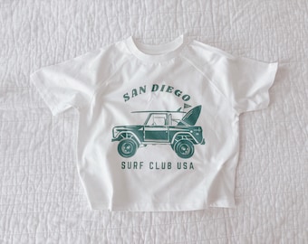 T-shirt d'été graphique pour enfants, t-shirt carré surdimensionné pour bébé et tout-petit, chemise d'été de club de surf, tenue de vacances pour garçons et filles, San Diego