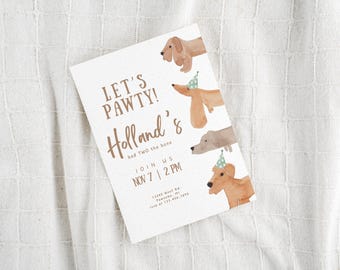 May include: A brown and white dachshund puppy birthday party invitation with the text "Let's Pawty! Holland's bad TWO the bone. Join us Nov 7 | 2 PM".