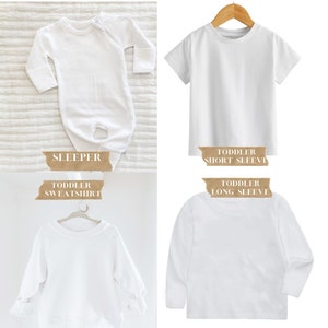 May include: Four white toddler clothing items: a sleeper, a short-sleeve t-shirt, a long-sleeve t-shirt, and a sweatshirt. Each item is labeled with its type.