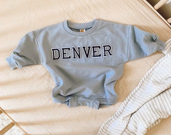 Oversized Neutral Baby Romper, Bubble Romper, Letter Baby Sweatshirt, Baby Sweatshirt, Blue baby Sweatshirt Romper, Custom Baby Romper