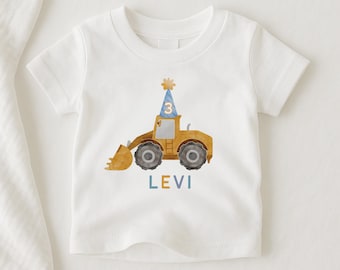 Macacão de aniversário para menino, camiseta de aniversário com tema de construção, escavadeira, caminhão de festa, camiseta de aniversário com caminhão de lixo, camiseta de aniversário para menino com tema de caminhão, veículo