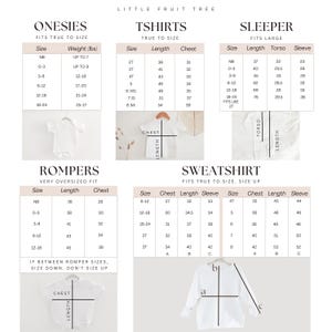May include: Size chart for onesies, t-shirts, rompers, sweatshirts, and sleepers. The chart includes sizes for newborns, infants, toddlers, and children. The chart also includes measurements for length, chest, torso, and sleeve.