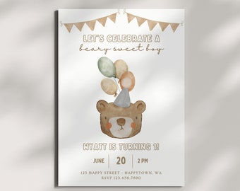 Beary Sweet Invitation, Editable Digital Birthday Invite, First Birthday Invitation, Birthday Bear, Wild One, Custom Digital Invitation