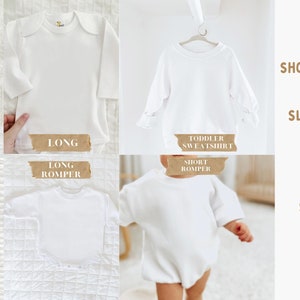 May include: A comparison of different clothing sizes for babies and toddlers. The image shows a short-sleeved sleeper, a long-sleeved sleeper, a long-sleeved romper, a short-sleeved romper, and a toddler sweatshirt. The text on the image reads "FIT SHORT/LONG: TRUE SLEEPER: LARGE ROMPERS: OVERSIZED SWEATSHIRT: SLIGHTLY OVERSIZED".