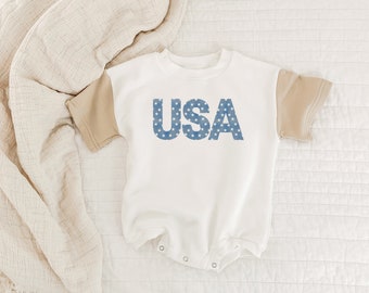 USA Baby Romper, Bubble Romper, USA Baby Sweatshirt, Patriotic Baby Sweatshirt, Neutral baby, Oversized  Sweatshirt Romper, USA baby outfit