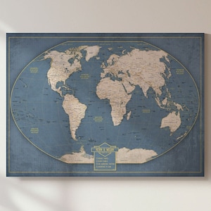 Push Pin World Travel Map: Winkel Tripel Projection Canvas Wall Art