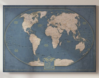 Push Pin World Travel Map: Winkel Tripel Projection Canvas Wall Art