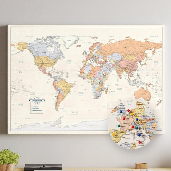 Vibrant Push Pin Travel Map with Pins - 24x36" or 24x16" Travel Map Canvas Pin Board