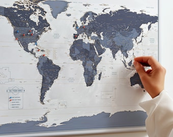 Azure World Map Push Pin Board: Navy Blue Travel Tracker
