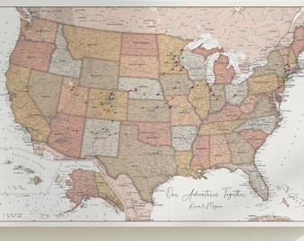 Heartstrings USA Push Pin Travel Map - Personalized US Map - 24x16" or 24x36" - Canvas or Pinboard - Unique Travel Gift