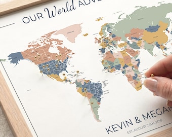 Push Pin World Map with Pins, Personalized Travel Map, Custom World Map Gift for Couples, Anniversary Gift