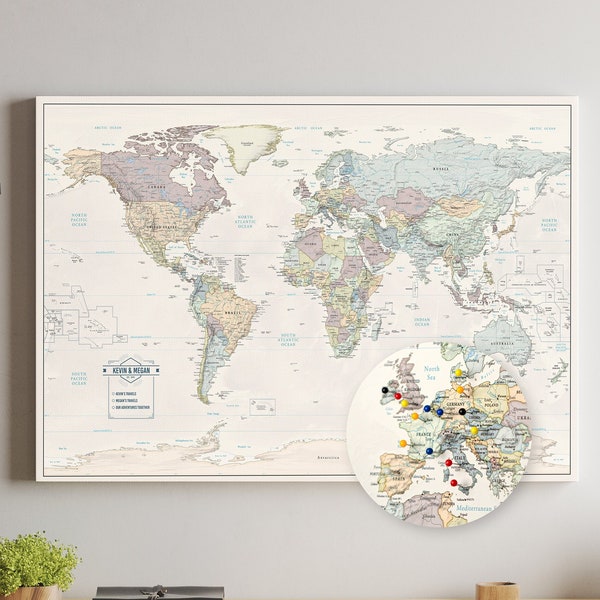 Muted Tones Push Pin Travel Map with Pins - 24x36" or 24x16" Travel Map Canvas Pin Board