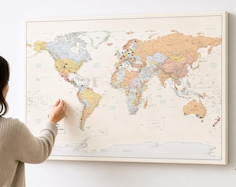 World Map Push Pin | Solterra Neutral Travel Map with Pins | Personalized World Map Wall Art | Beige Canvas Pin Board | Travel Gift