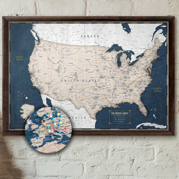 Large USA Push Pin Map | Personalized Travel Map of the US | Executive Style 24x36" or 24x16" | Pin Board | Mounted Foam Board