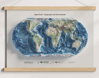 World Map - Equal Earth - Terrain and Elevation - Hydrography and Topography - Poster Print
