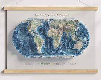 World Map - Equal Earth - Terrain and Elevation - Hydrography and Topography - Poster Print