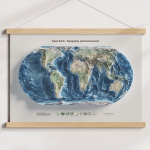 Carte du monde - Terre égale - Terrain et altitude - Hydrographie et topographie - Impression poster