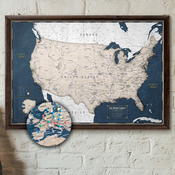 Push Pin Map USA | Personalized Travel Map of the US | Executive Style 13x19" | Pin Board | Mounted Foam Board