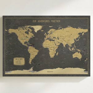 Weltkarte Anstecknadel - Schwarz und Gold, robuste Reisekarte zum Verfolgen von Abenteuern, anpassbare Wandkunst, Leinwand