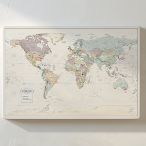 Muted Tones Push Pin Travel Map with Pins - 24x36" or 24x16" Travel Map Canvas Pin Board