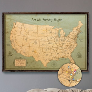 USA Reise Map Pin Anstecknadel Groß Rustikal 60x90 cm oder 60x40 cm | Personalisierbare Pinnwand auf 3/16-Zoll-Schaumstoffplatte | Rustikale alte Landkarte