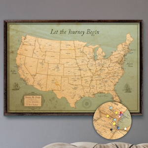 USA Travel Map Push Pin Large Rustic Style 24x36" or 24x16" | Customizable Pin Board Mounted on 3/16" Foam Board | Rustic Style Old Wall Map