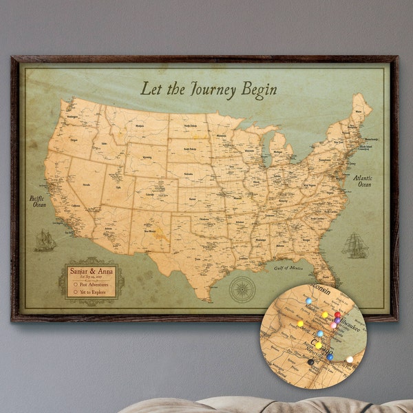 USA Travel Map Push Pin Large Rustic Style 24x36" or 24x16" | Customizable Pin Board Mounted on 3/16" Foam Board | Rustic Style Old Wall Map