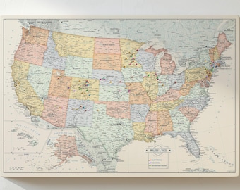 Vibrant USA Push Pin Travel Map - Personalized US Map - 24x16" or 24x36" - Canvas or Pinboard - Unique Travel Gift