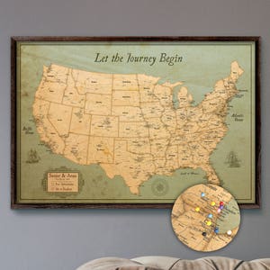 USA Map | Push Pin Map Rustic Style 13x19" | Customizable Pin Board Mounted on 3/16" Foam Board | Rustic Style Old Wall Map | Adventure Map
