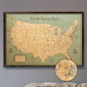 USA Map | Push Pin Map Rustic Style 13x19" | Customizable Pin Board Mounted on 3/16" Foam Board | Rustic Style Old Wall Map | Adventure Map