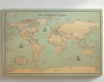 Rustic Push Pin World Travel Map – Vintage Style Canvas, Personalized