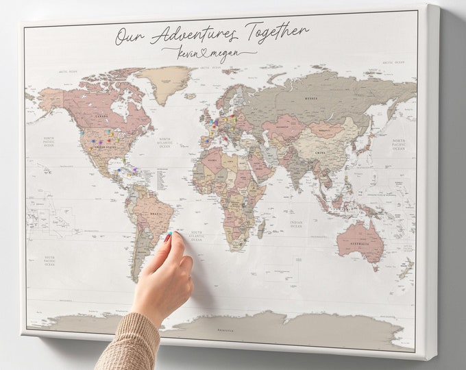 Personalized World Map with Push Pins | Custom Heartstrings Map | Couple's Gift for Travelers