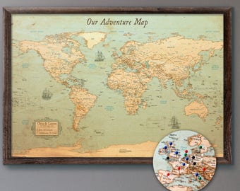 World Map Push Pin Rustic Style 13x19" | Personalized Travel Map Mounted on 3/16" Foam Board