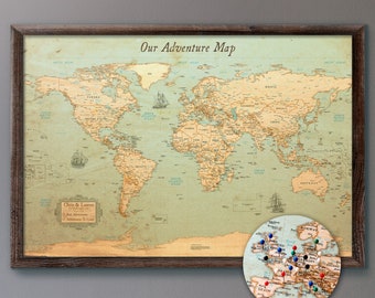 Large Push Pin World Map - Rustic Style