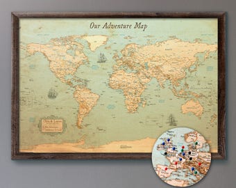 Large Push Pin World Map - Rustic Style