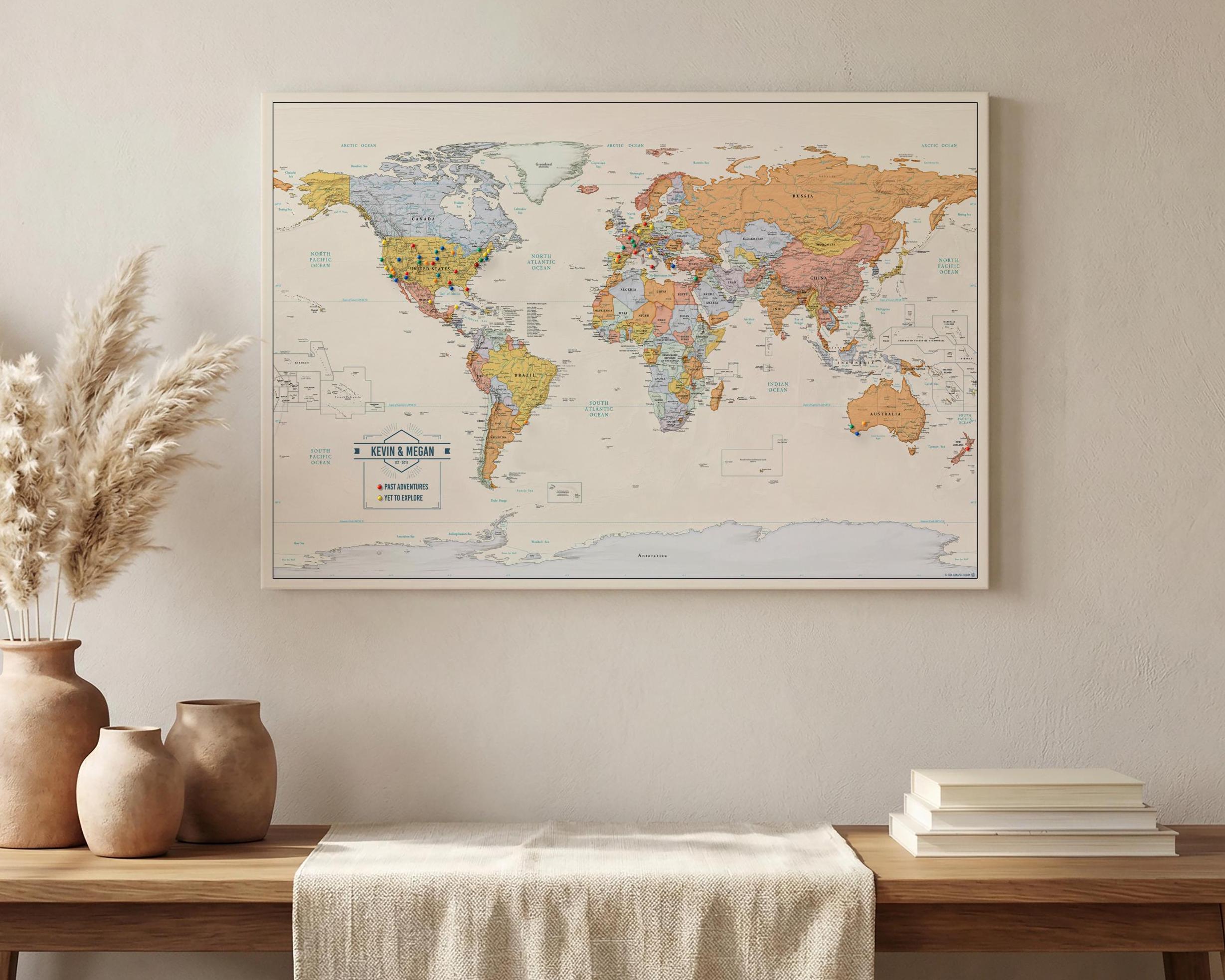 Personalized Push Pin World Travel Map – Vibrant 24x36 Canvas - Etsy