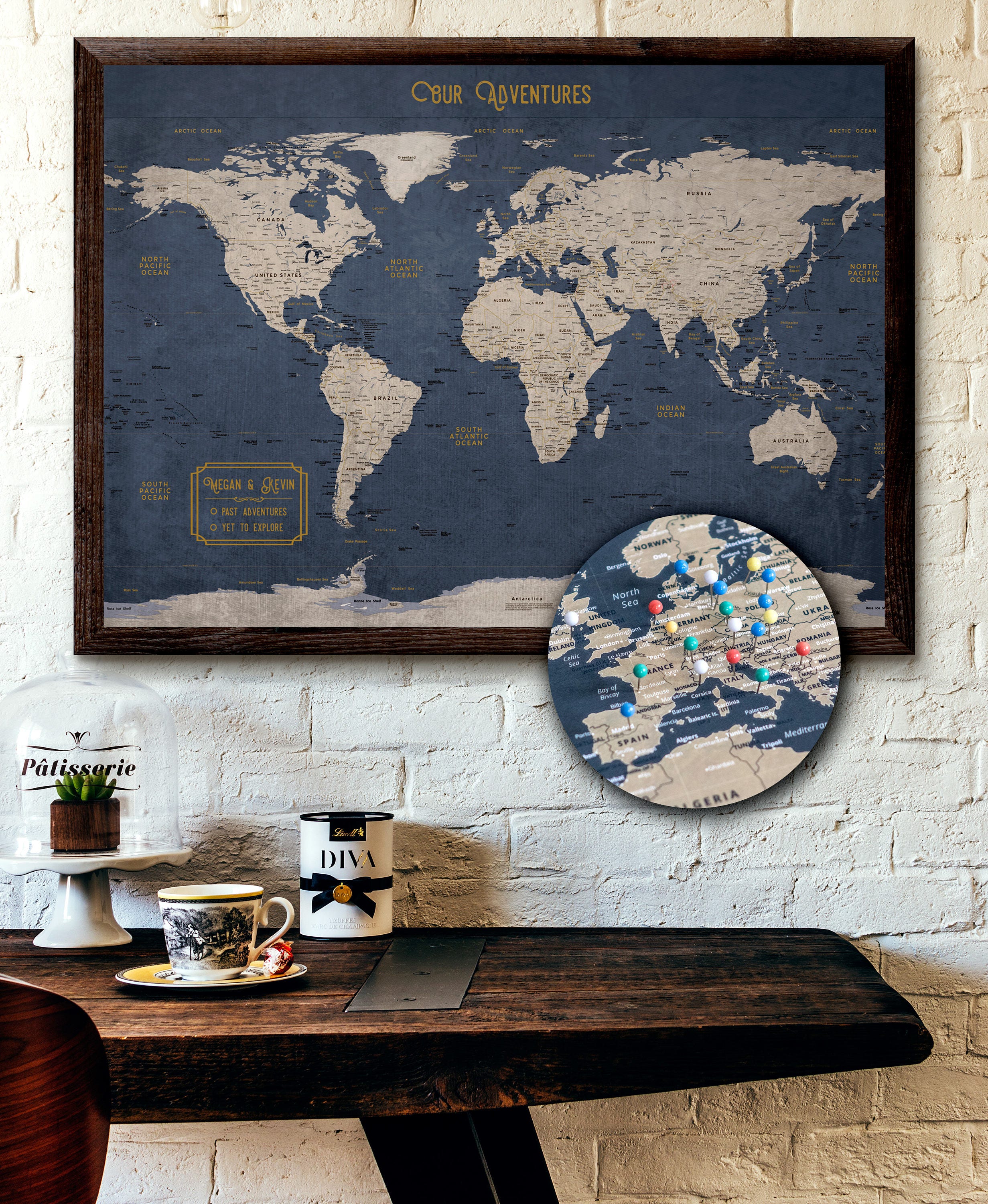 Large World Map Push Pin Executive Style 24x36 or 24x16 Customized Pin Board  Mounted on 3/16 Foam Board Modern Map Print Travel Map 