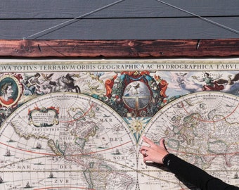 Giant World Map 44x60" Vintage Canvas | Nova Totius Terrarum Orbis | Hanging Frame Wood