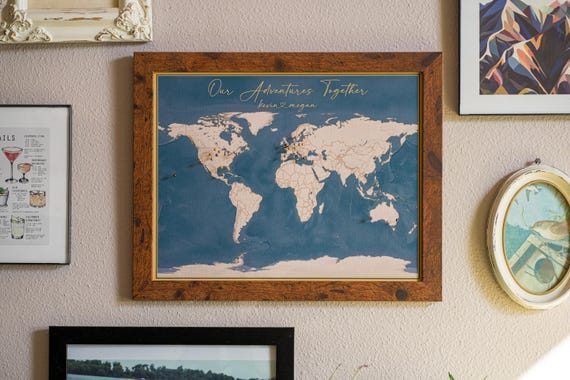 Personalized Push Pin World Map, 2nd Cotton Anniversary Gift for