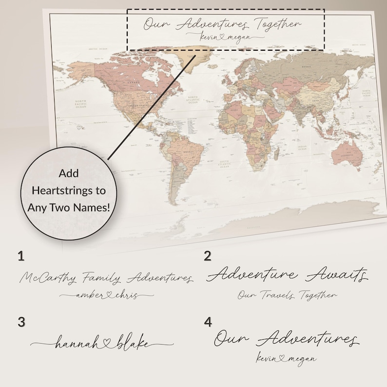 Personalized World Map with Push Pins | Custom Heartstrings Map | Couple's Gift for Travelers