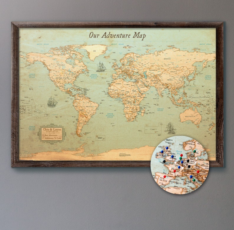 Large Push Pin World Map Rustic Style image 1