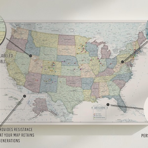May include: A vintage-style map of the United States with thousands of cities labeled, all interstate highways labeled, and a personalized legend section. The map is printed on a white background with a light blue, yellow, and green color scheme.