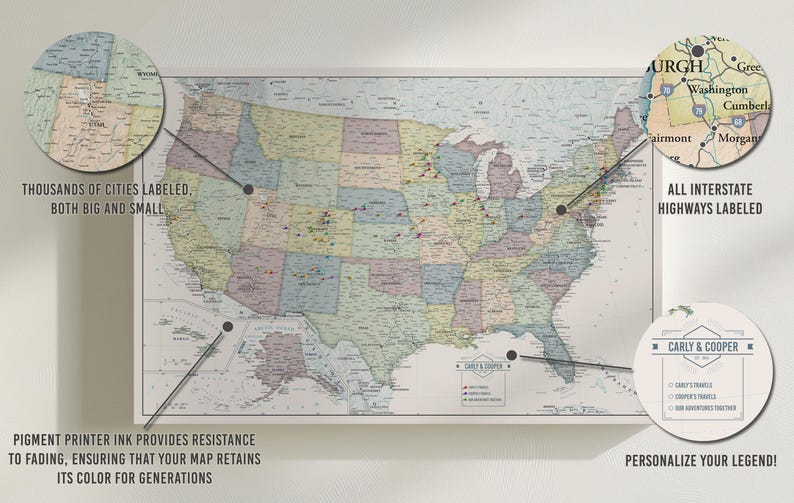 May include: A vintage-style map of the United States with thousands of cities labeled, all interstate highways labeled, and a personalized legend section. The map is printed on a white background with a light blue, yellow, and green color scheme.