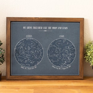 Carte des étoiles bleue personnalisée pour deux personnes - 30 x 35 cm | Cadeau constellation | Ciel nocturne date et lieu personnalisés
