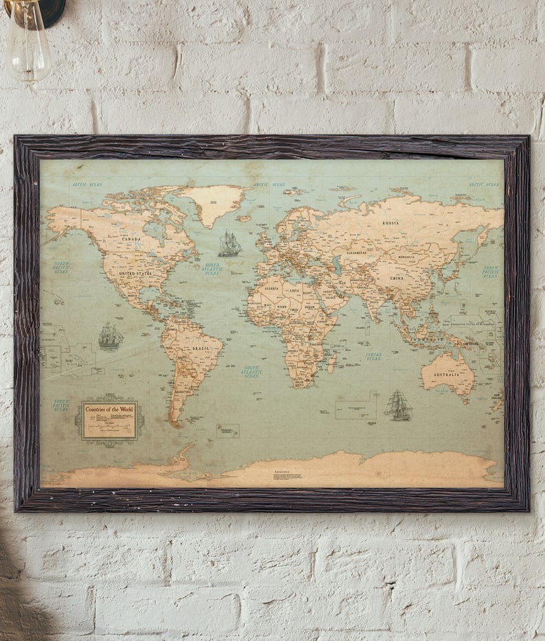 World Map Rustic Style Uncustomized Old Style Wall Map Map Decor image 1