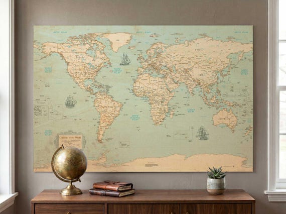 World Map - Rustic Style | Uncustomized | Old Style Wall Map | Map Decor