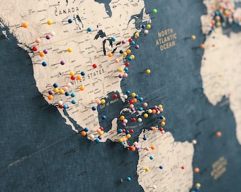 Personalized Push Pin World Map: Blue & Gold Travel Decor