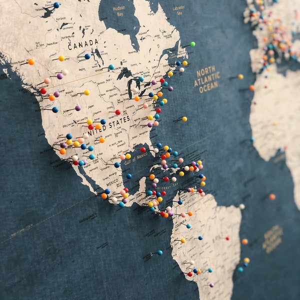 Personalized Push Pin World Map: Blue & Gold Travel Decor