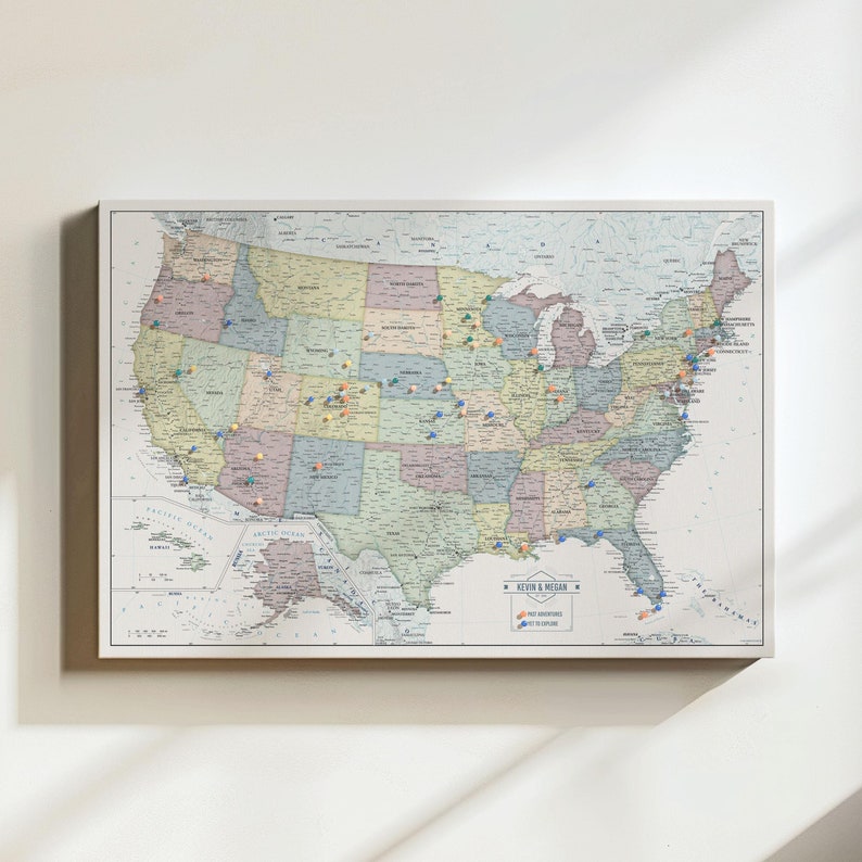 Muted Tones USA Push Pin Travel Map - Personalized US Map - 24x16 or 24x36 - Canvas or Pinboard - Unique Travel Gift